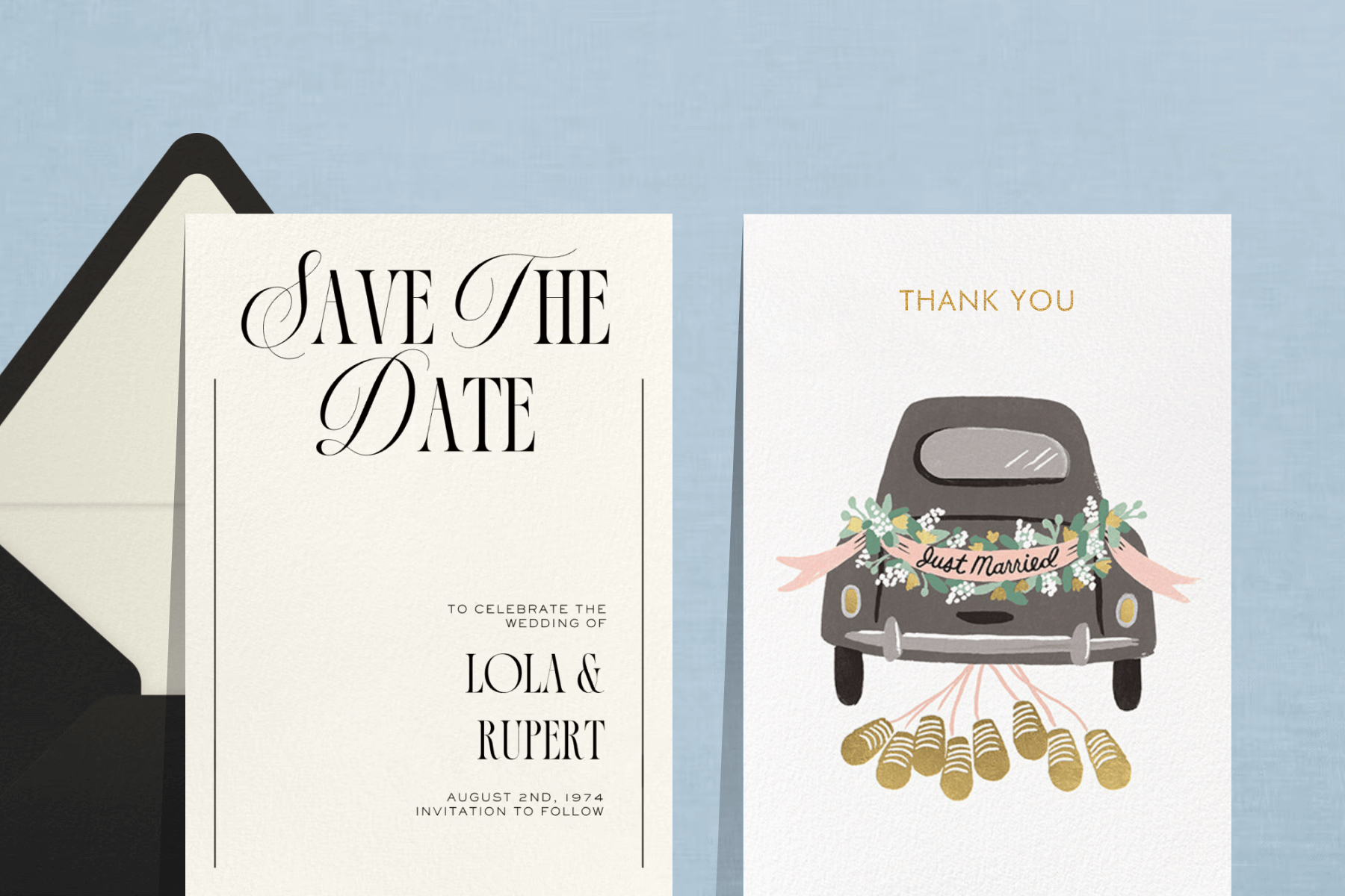 A white save the date with black text; A thank you card with a ‘JUST MARRIED’ car driving away.