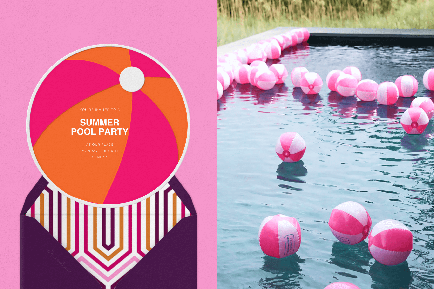 A pool party invitation shaped like a beach ball on a pink background; A pool full of pink and white beach balls. 
