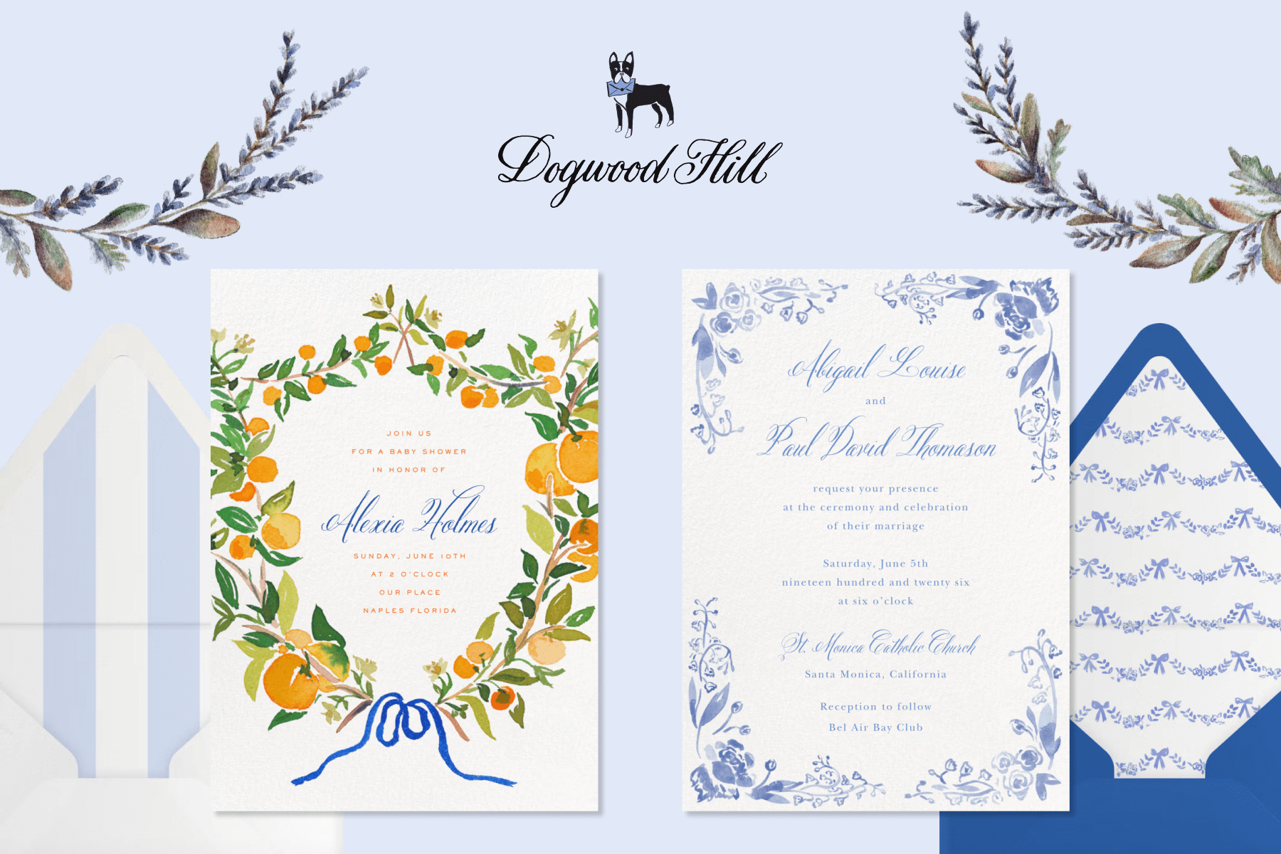 The logo for “Dogwood Hill” above two invitations over a light blue background with branches of florals: A white baby shower invitation with a wreath of oranges and cursive text; A white wedding invitation with a blue floral border and blue cursive text.