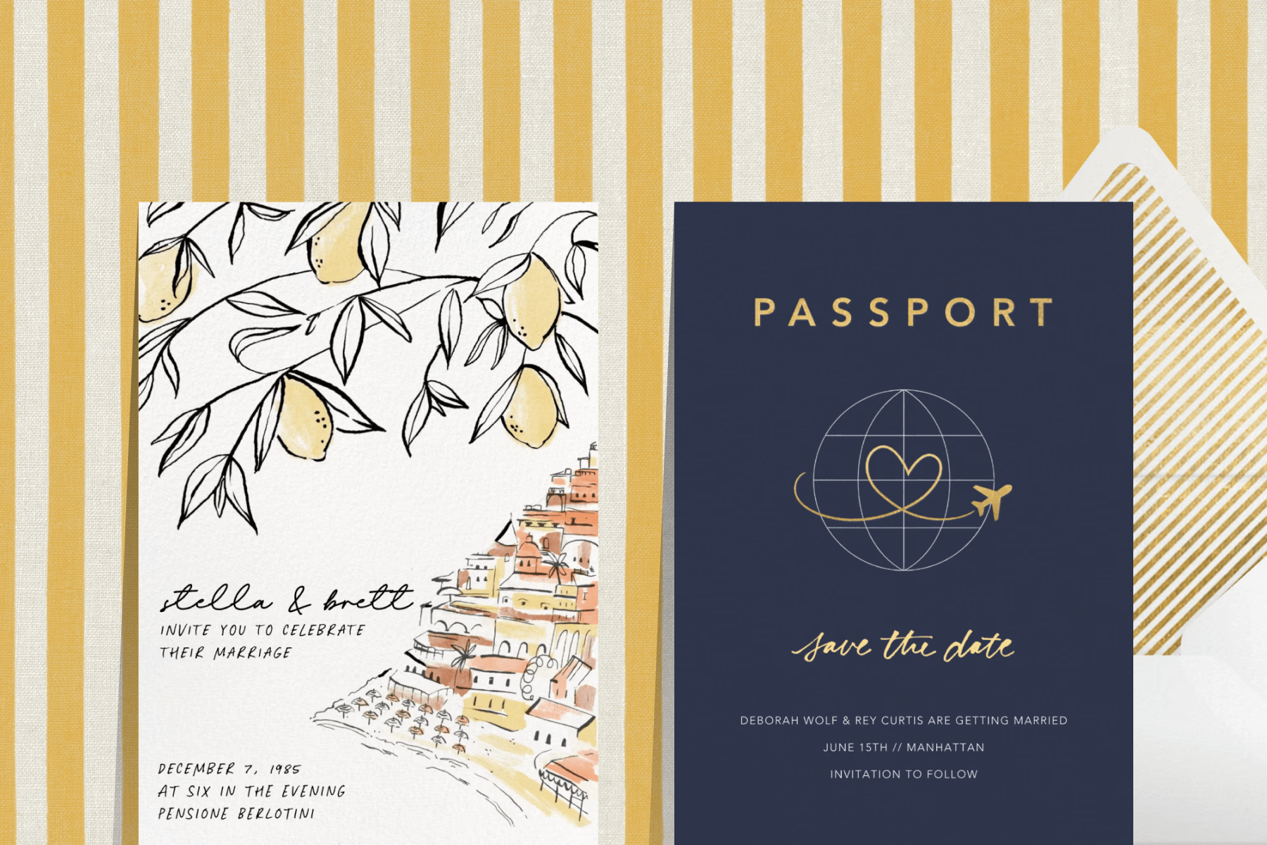 A wedding invitation with illustrations of lemons on a tree and a coastal Italian town; A save the date designed to look like a passport. 