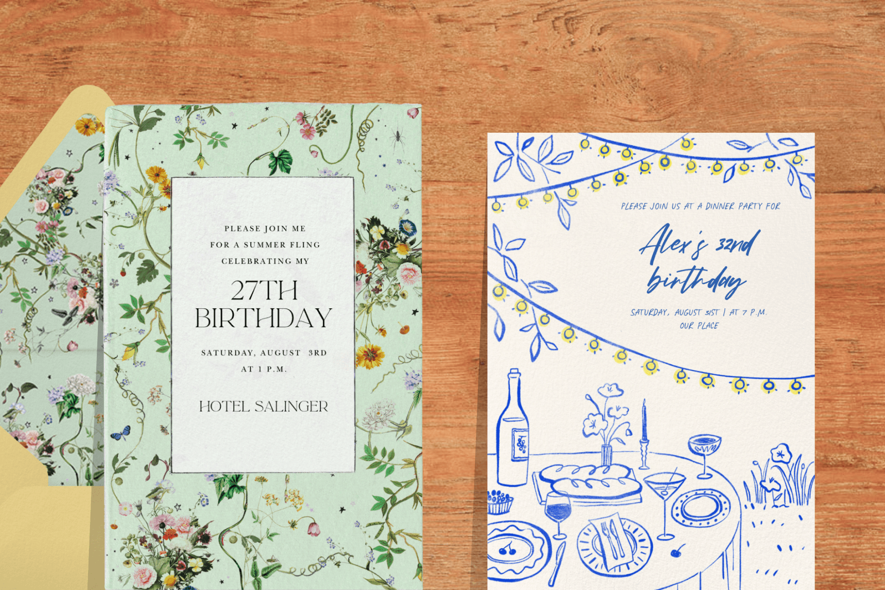 Two birthday invitations over a wood background.