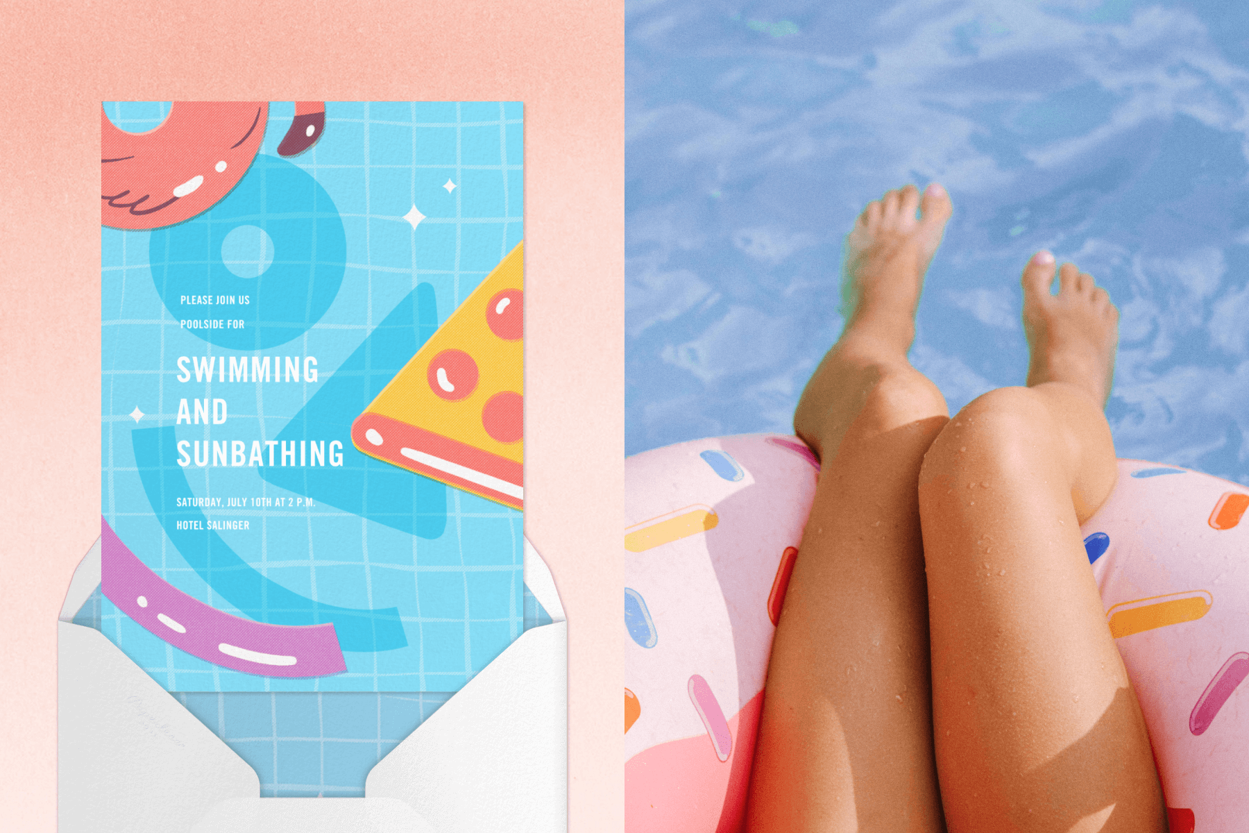 A pool party invitation with pool floaties; Legs danging off a float into a pool. 