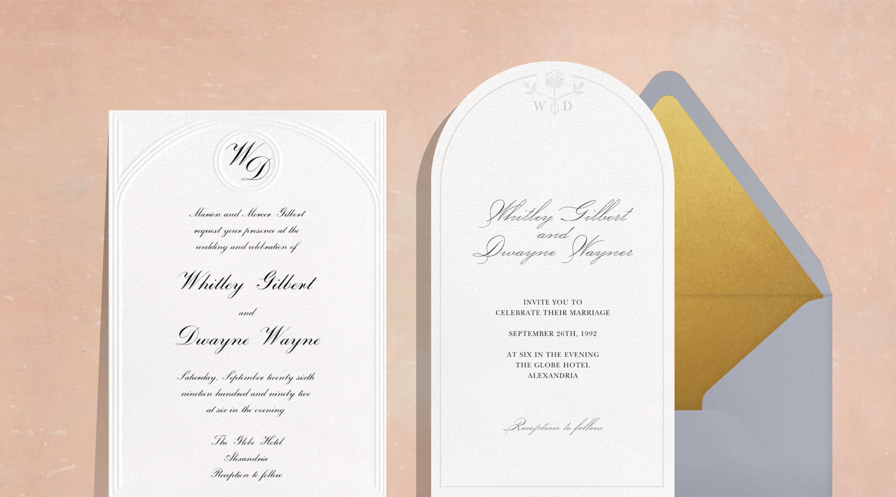 A white wedding invitation with black cursive text, an embossed border, and a monogram; An arch-shaped wedding invitation with black cursive text and an embossed monogram.