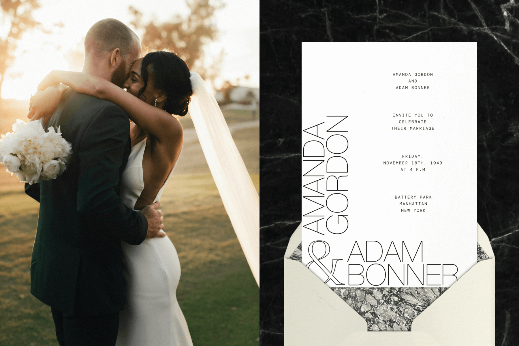 A bride and groom hug with the sun shining behind them; A white wedding invitation with large simple black text.