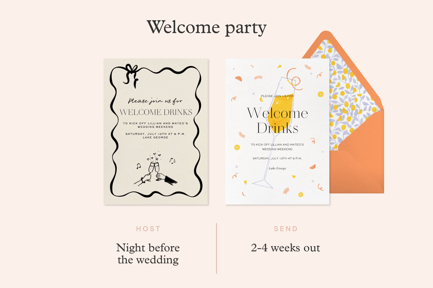 A graphic featuring a welcome drinks invitation with a black wavy ribbon border and a welcome drinks invitation with a large illustration of a glass of Champagne and confetti, along with text stating that welcome parties should happen the night before the wedding, and welcome party invitations should be sent 2-4 weeks out.