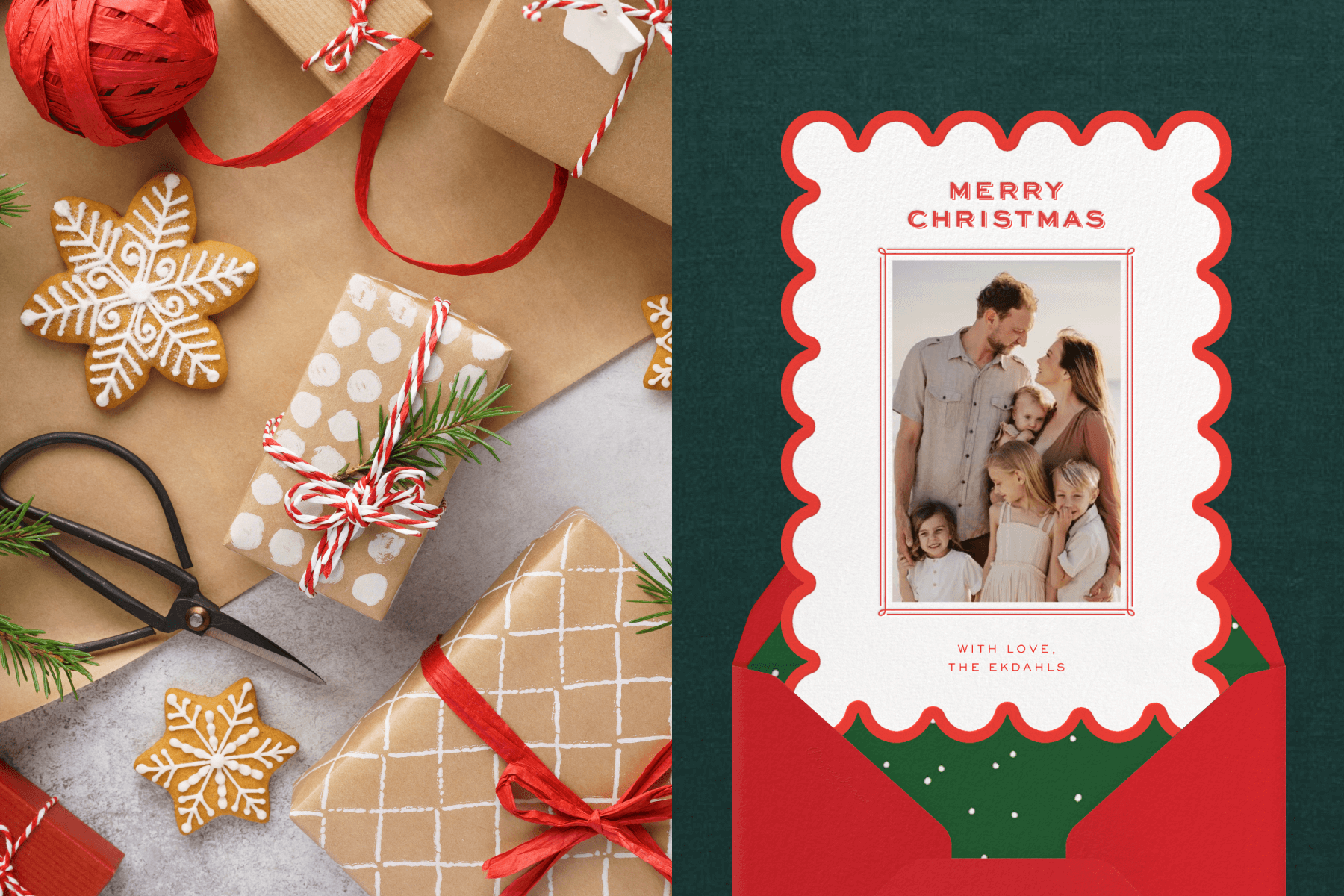 A table of wrapped presents and holiday cookies; A Christmas card with a scalloped edge and a family photo. 