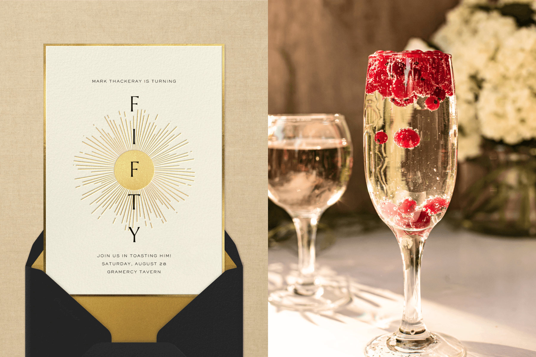 Left: A cream 50th birthday invitation with a gold sunburst in the center and gold border, and the word “FIFTY” written vertically. Right: A wine glass and a Champagne flute with raspberry garnishes.