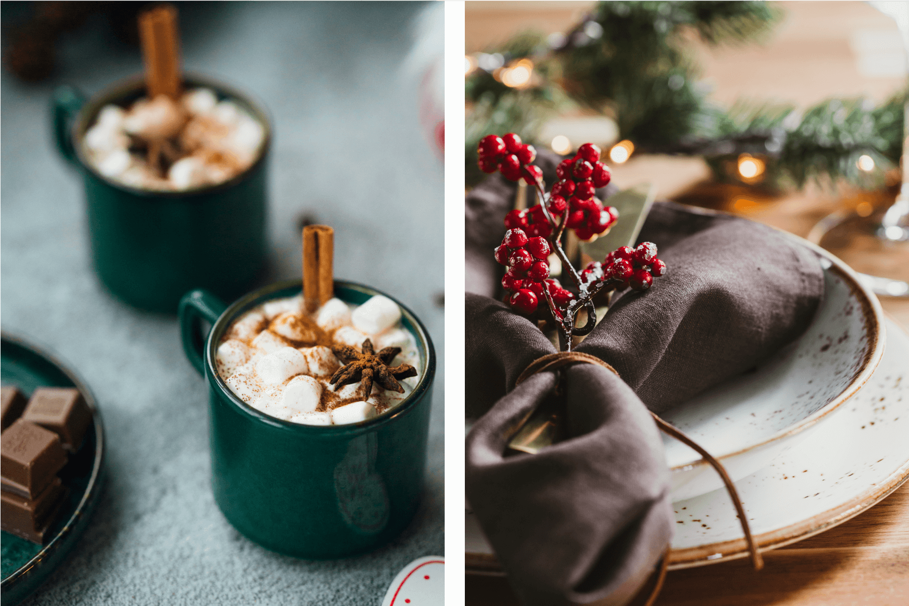 Mugs of hot cocoa with marshmallows and cinnamon sticks; A plate with a napkin on top tied with red berries. 