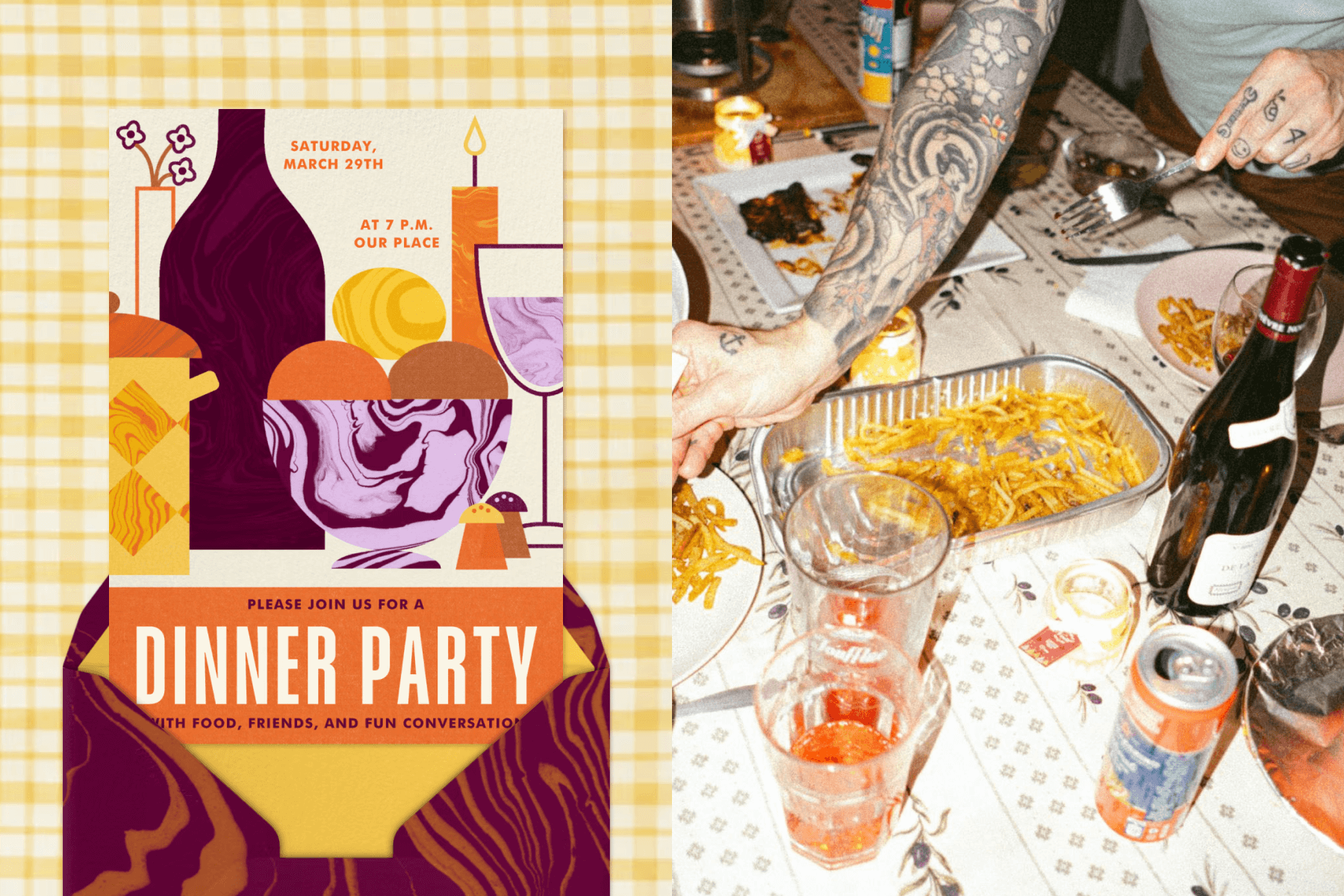 A dinner party invitation with marbled illustrations of bowls, wine, and a candle; Hands reaching across a table set with french fries, drinks, and plates.