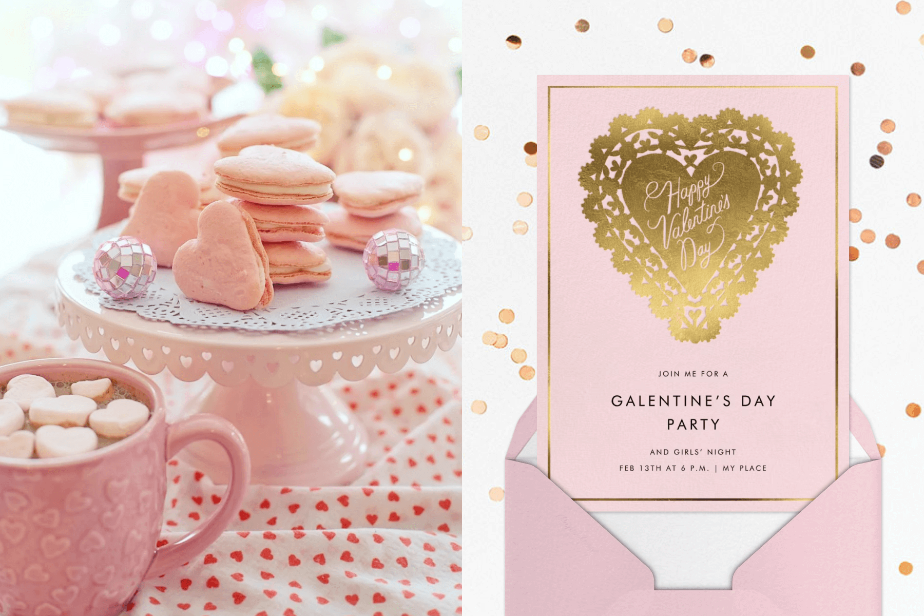 A platter with pink heart-shaped cookies next to a pink mug on a tablecloth with red hearts; A pink Galentine’s Day party invitation with a gold lace heart. 