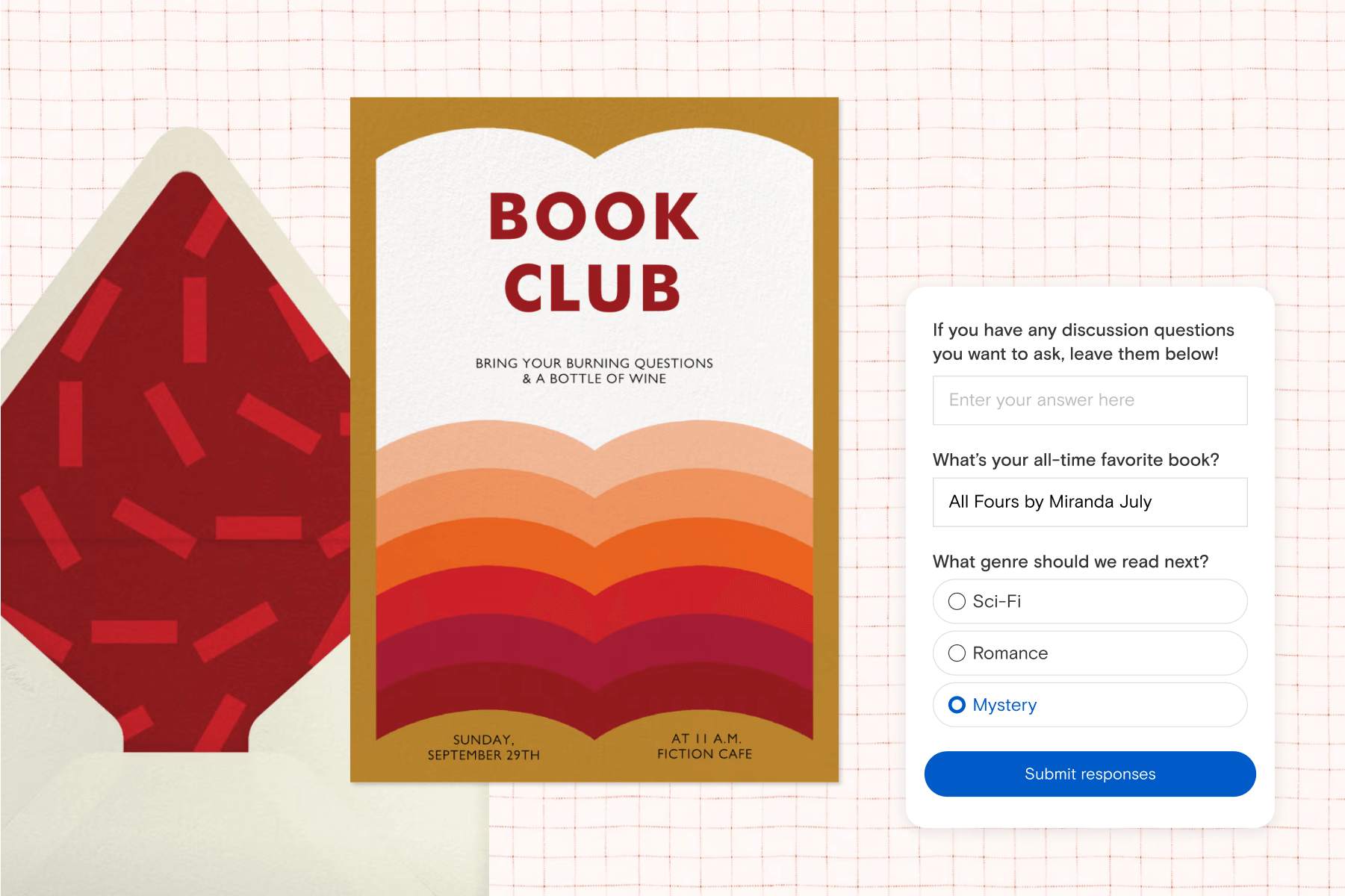 A book club invitation with a red and orange gradient graphic of an open book’s pages, next to a white envelope with a red liner and Guest Questions asking about discussion questions, favorite books, and suggested book genres. 