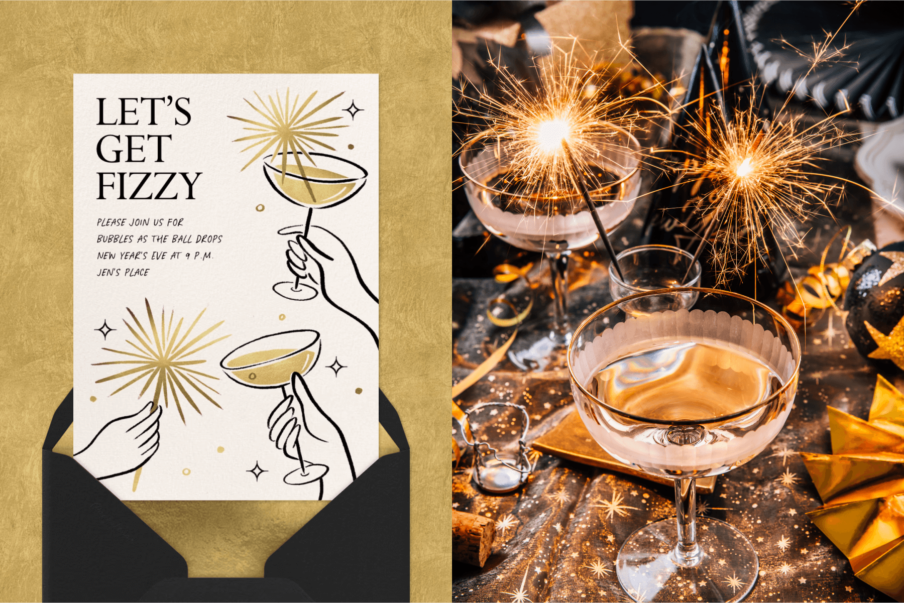 A white New Year’s Eve invitation with gold drinks and gold sparklers in front of a gold backdrop; Two drinks on a table with sparklers. 