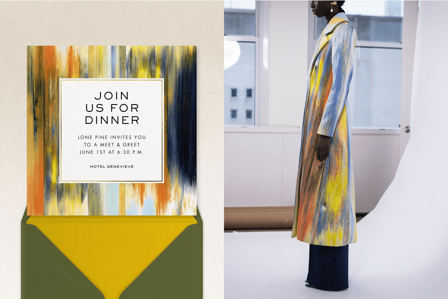 A dinner invitation with a multicolored abstract painted design; A model wearing a coat with the same abstract painted design.