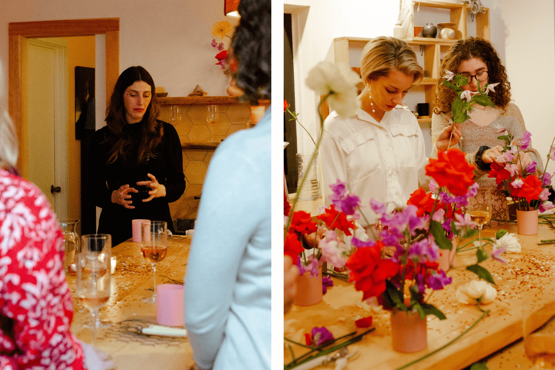 Women stand around a table with wine glasses; Women stand around a table with pots of flower arrangements and glasses of wine. 