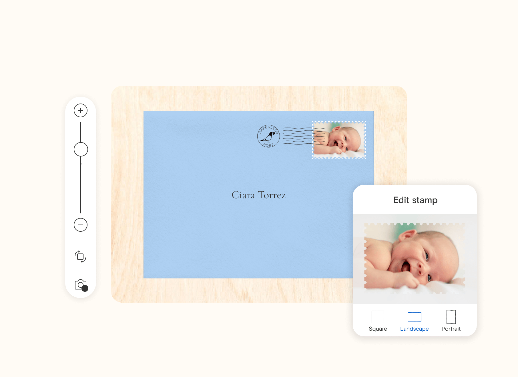 A blue envelope with a customized stamp featuring a baby’s photo and tools to choose the stamp’s size and orientation. 