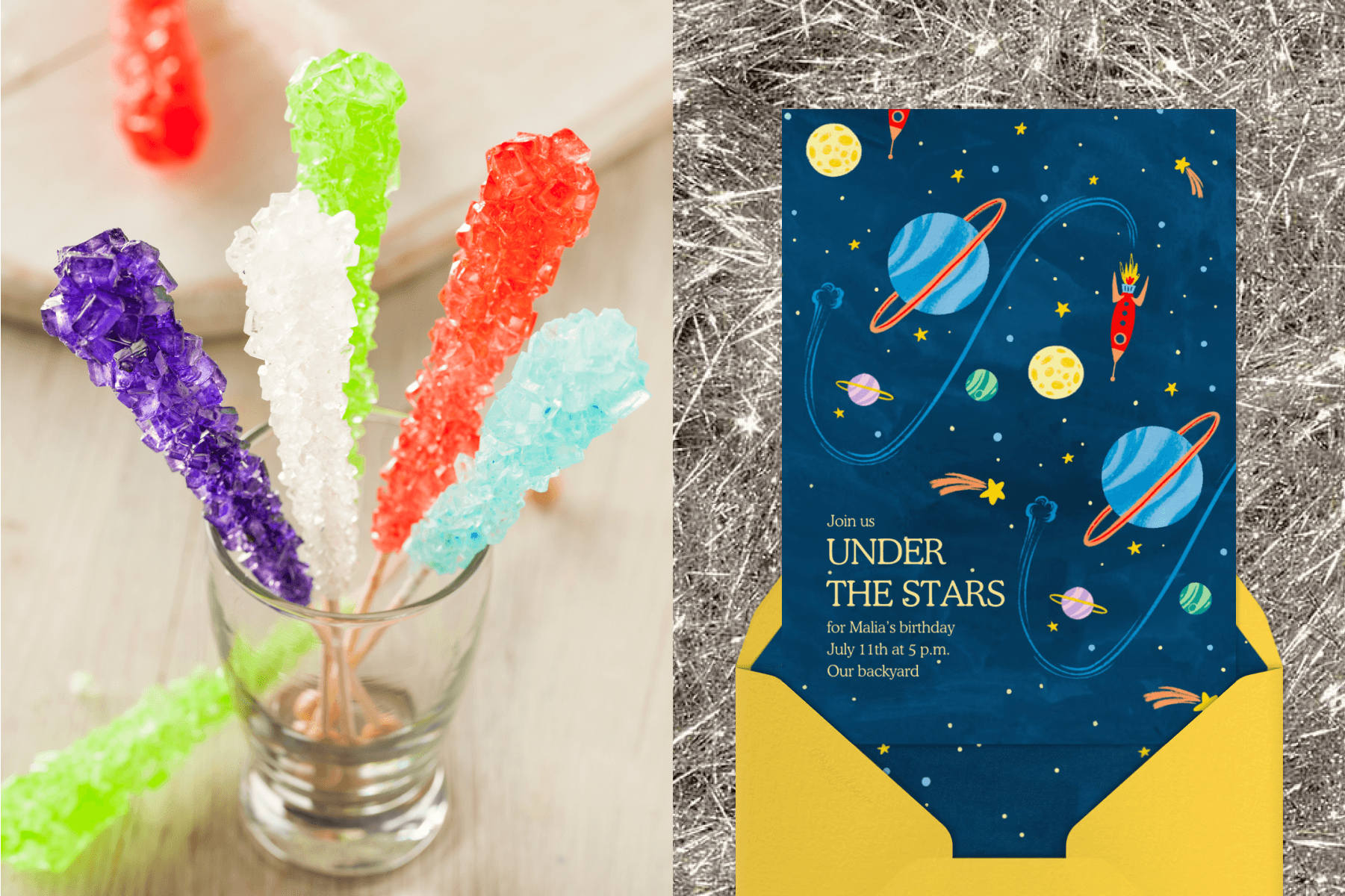 Colorful sticks of rock candy in a glass; A dark blue birthday invitation with yellow text, yellow stars, and planets.