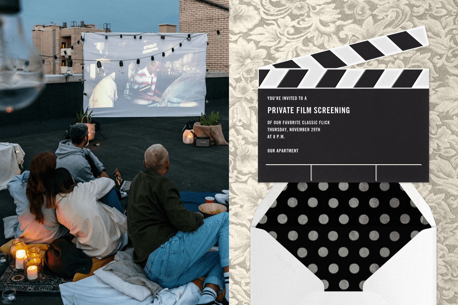 A group watching a movie on a projector screen on a rooftop; An invitation for a film screening in the shape of a black and white film slate with white text.