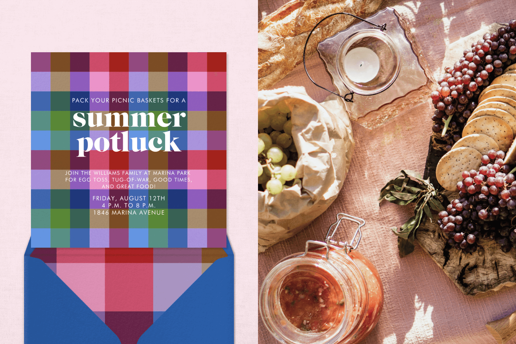 A colorful checkered summer potluck invitation; a picnic blanket with a spread of grapes, crackers, bread, and a candle.