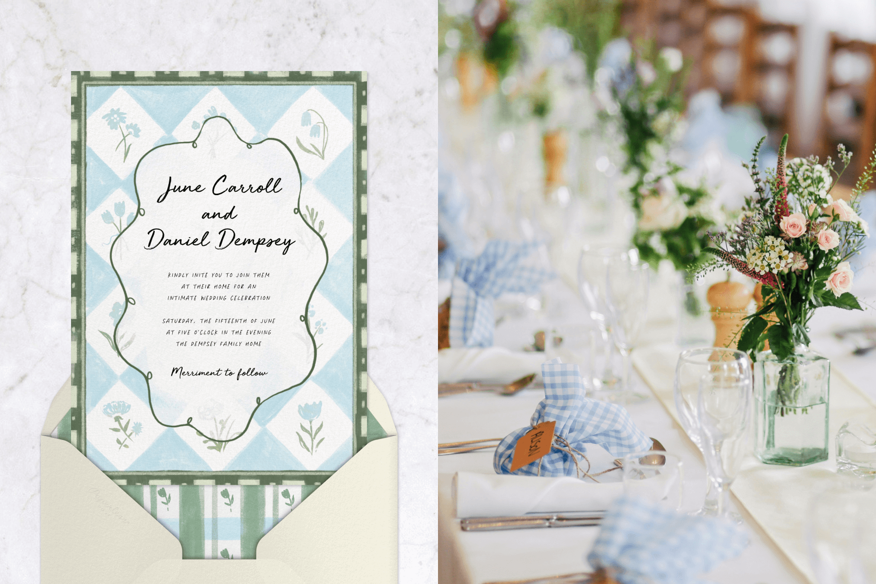 A white and blue checkered wedding invitation with blue flowers and a dark green border; A table set with blue and white checkered napkins and vases of colorful flowers. 