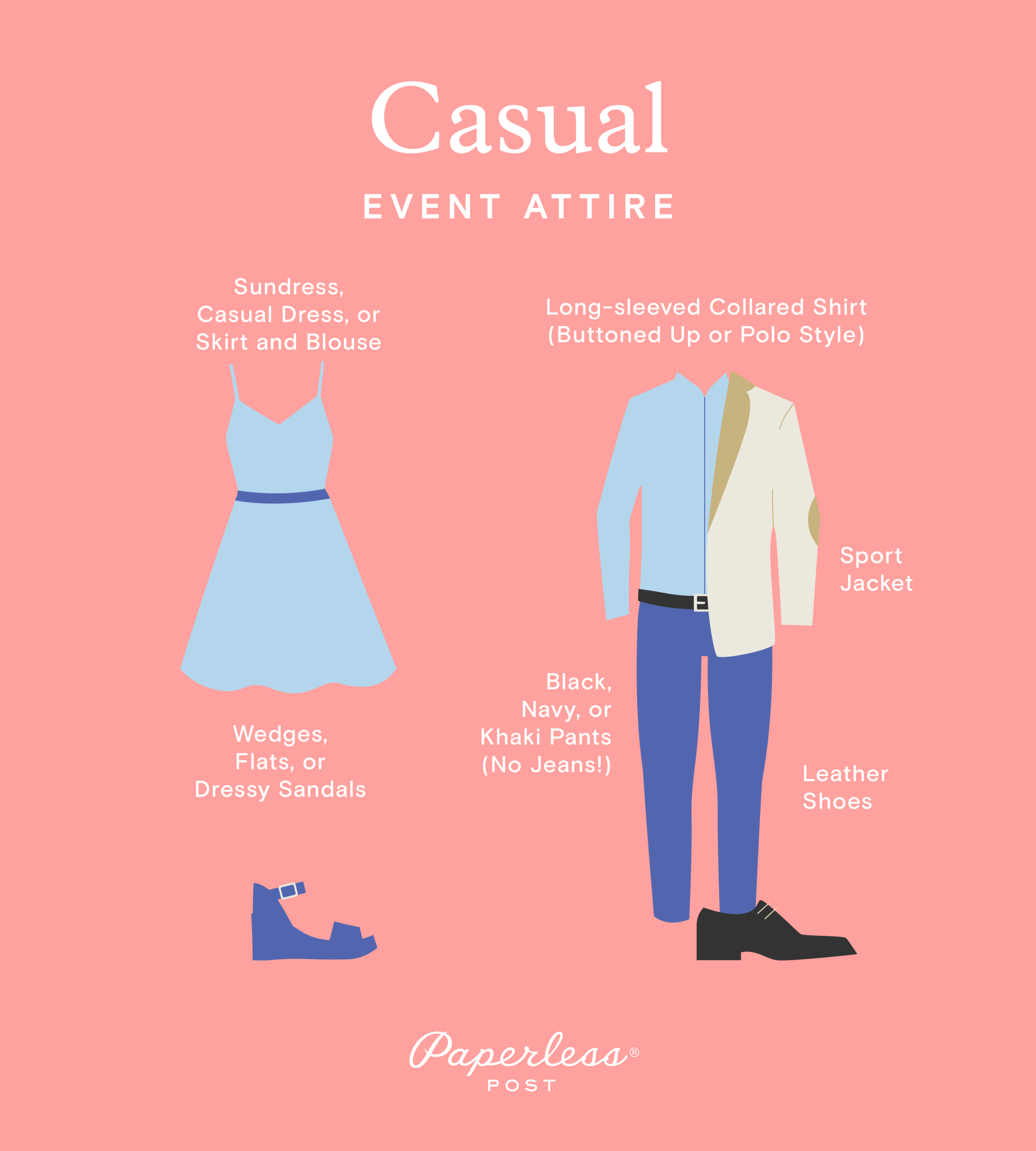 An illustration of casual attire for women and for men featuring items from the list like a sundress, a sport jacket, and navy pants.