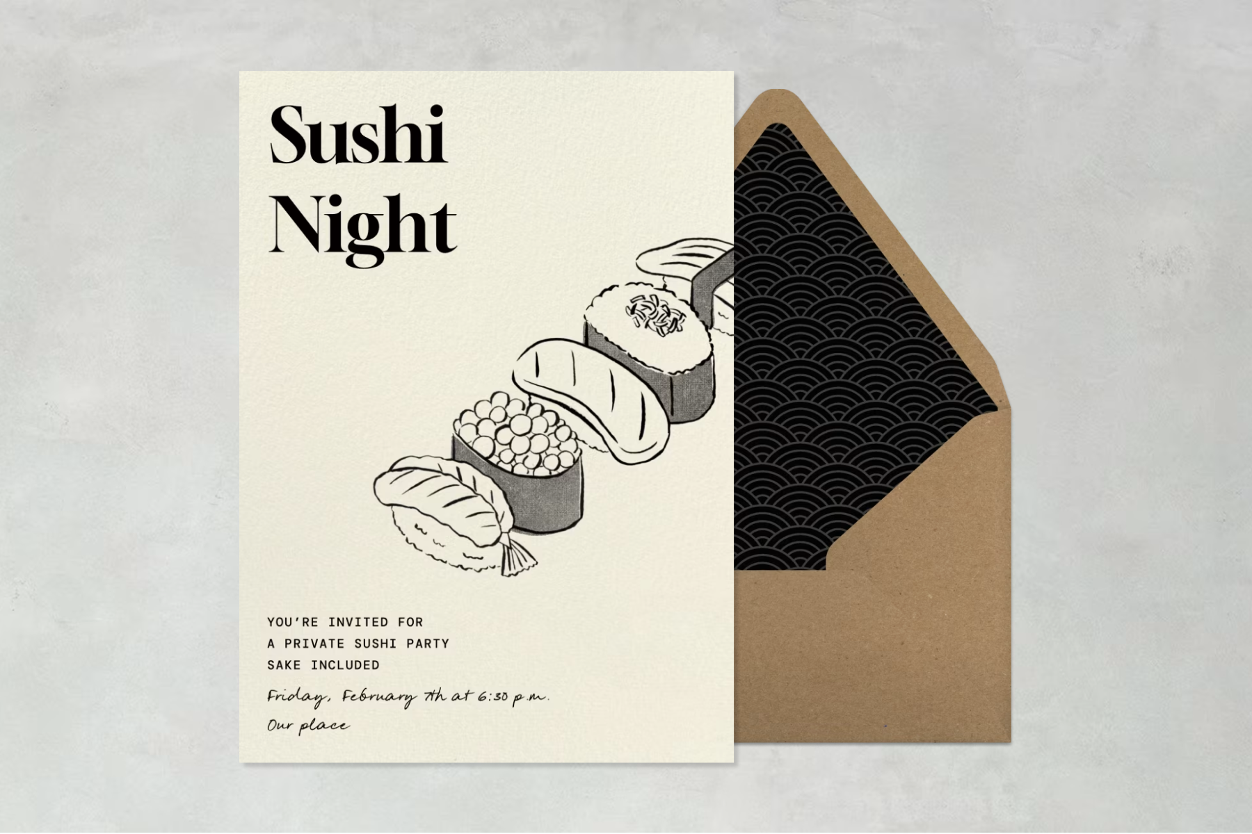 An invitation for a sushi night with black-and-white illustrations of sushi rolls on an off-white background. 