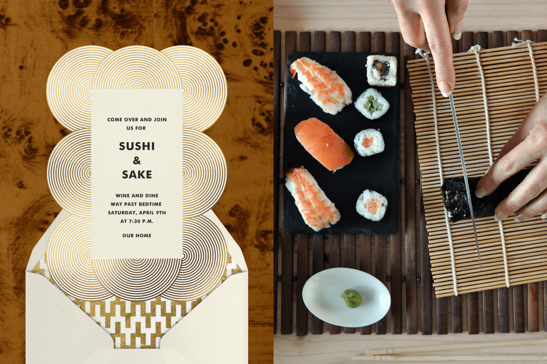 A die-cut invitation made of overlapping gold striped circles with a white rectangle in the center; hands slice a sushi roll with more sushi nearby.