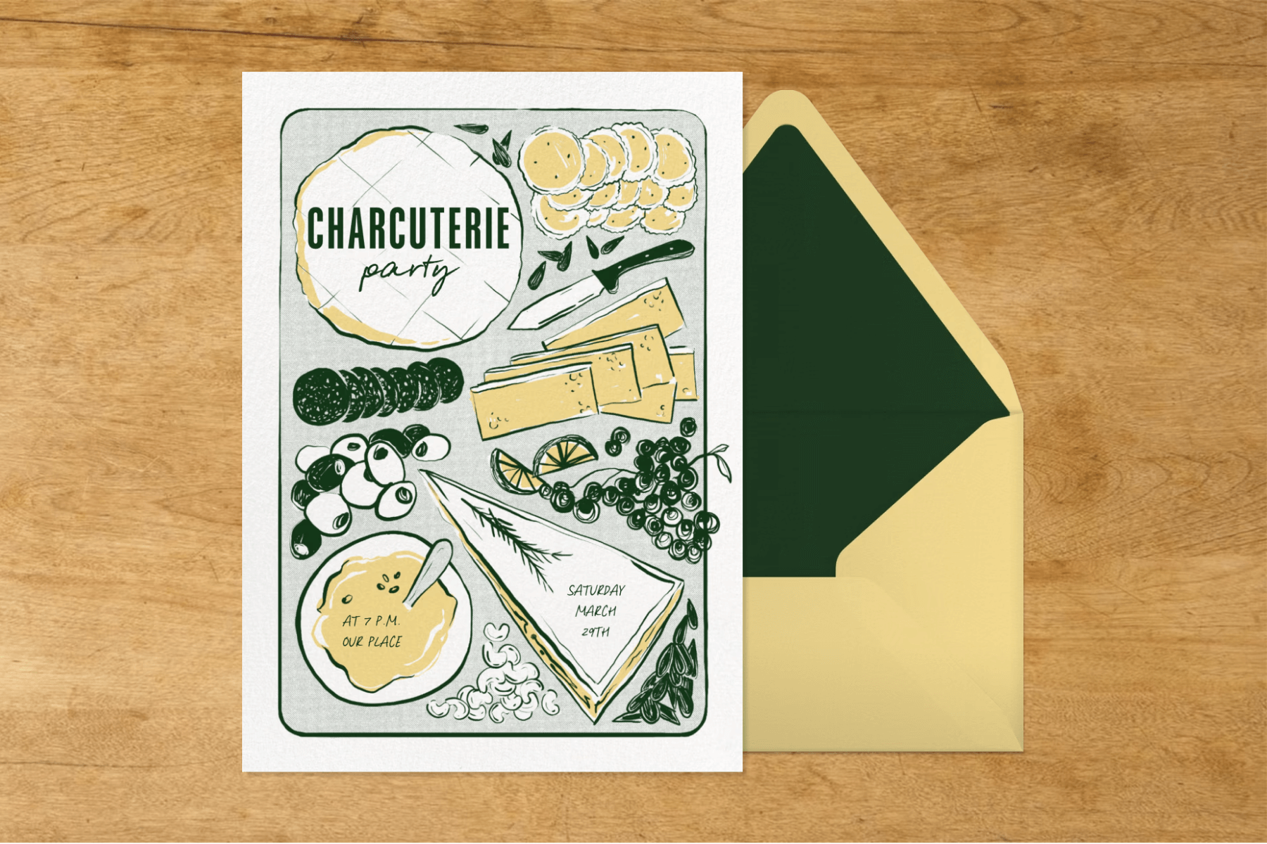 An invitation for a charcuterie party with illustrations of different cheeses.