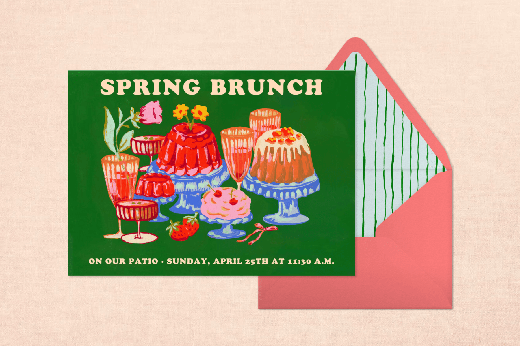 A green invitation for a spring brunch with colorful images of jello molds, drinks, and flowers.