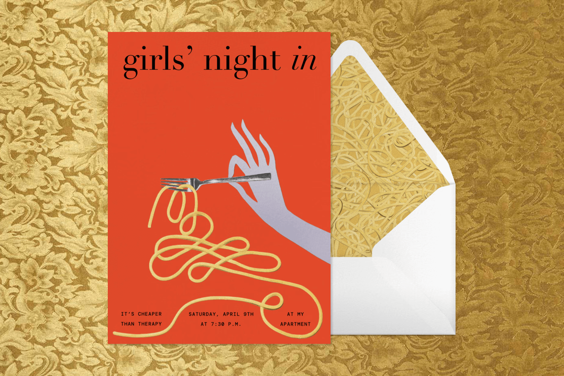 A red invitation for a girls’ night in with an illustration of a hand holding a fork with a noodle of pasta.