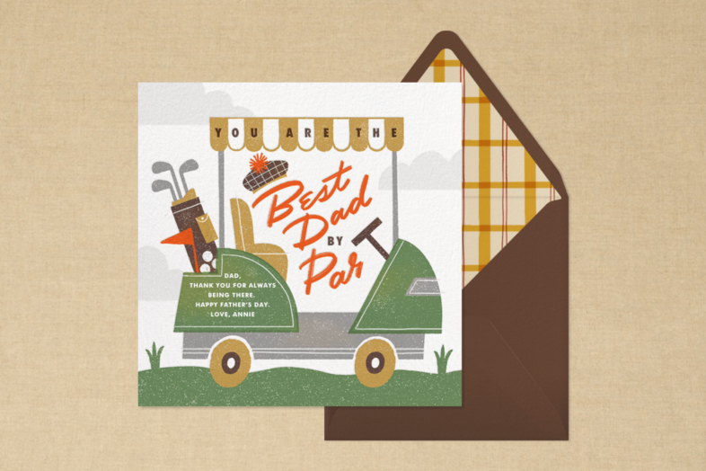 A square card with a vintage golf cart and the words BREST DAD BY PAR with a brown envelope with plaid lining.