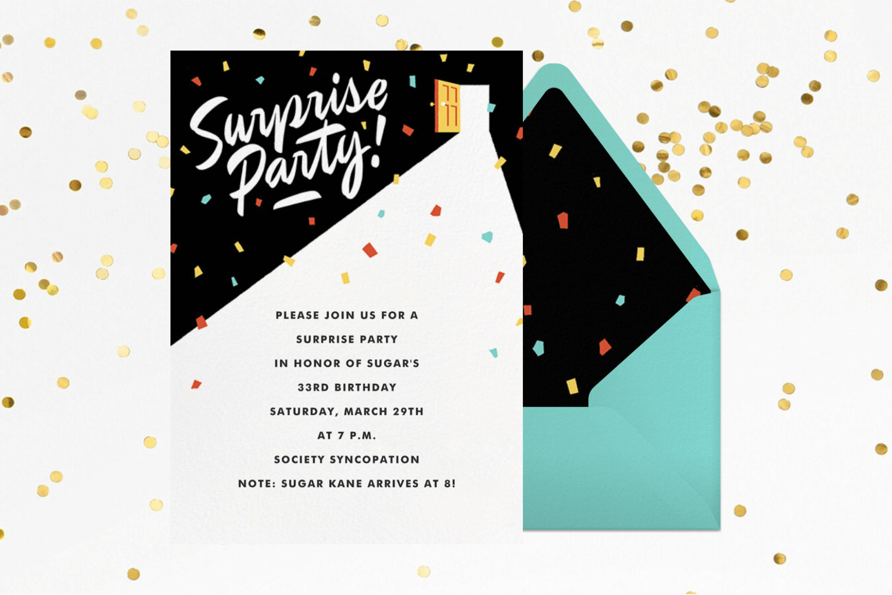 An invitation with the words SURPRISE PARTY! in white script and an illustration of a door letting light into a dark room with rainbow confetti, beside an aqua envelope with black confetti liner and gold confetti sprinkled about.