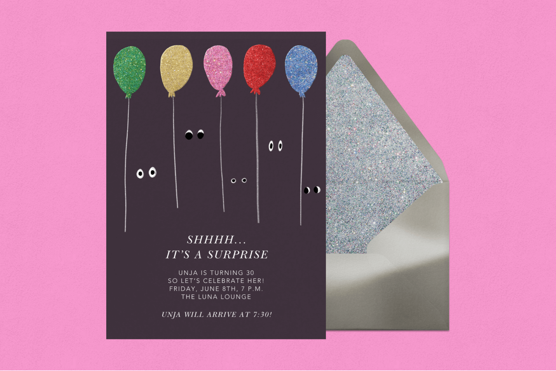 A black invitation with five balloons in multicolored glitter and eyes between the strings—as if people are in the dark, beside a silver envelope with glitter liner.