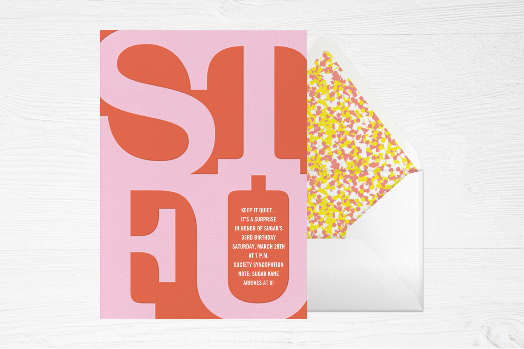 A pink and orange card with STFU in large block letters beside an envelope with an abstract pink and yellow liner.
