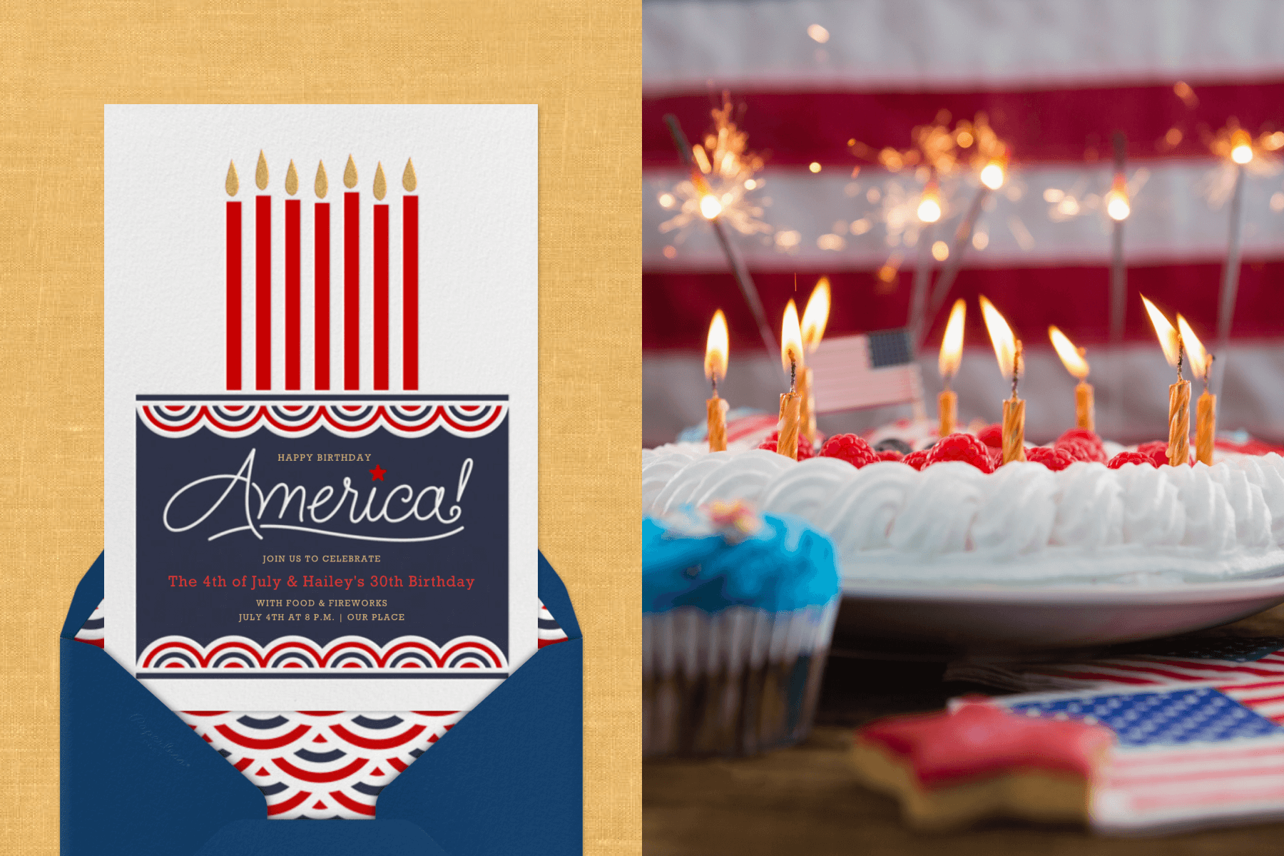An invitation with a patriotic birthday cake and red candles on top with a blue envelope and patriotic bunting liner; a pie with raspberries and white icing has candles and sparklers lit on top.