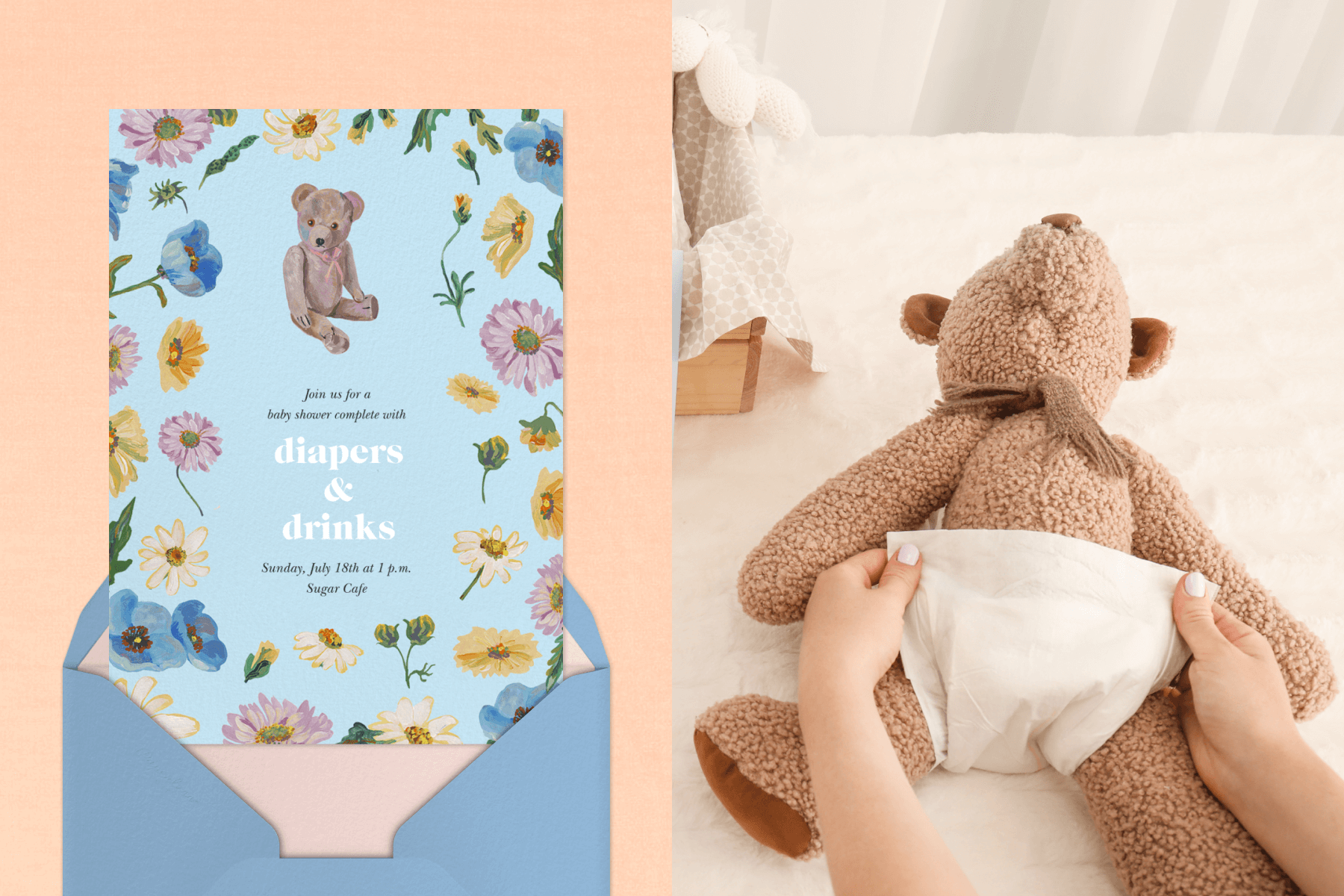 A floral baby shower invitation with a teddy bear; A pair of hands putting a diaper on a teddy bear.