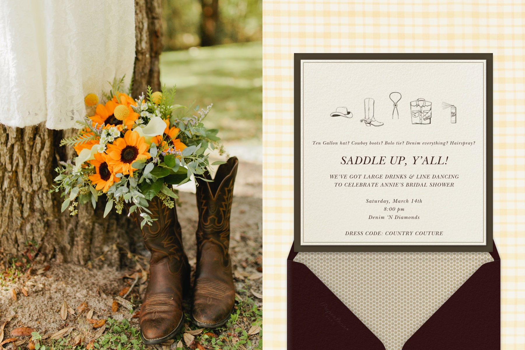 A pair of cowboy boots with a bouquet of sunflowers; A bridal shower invitation reading ‘SADDLE UP, Y’ALL!’ with drawings of cowboy accessories. 