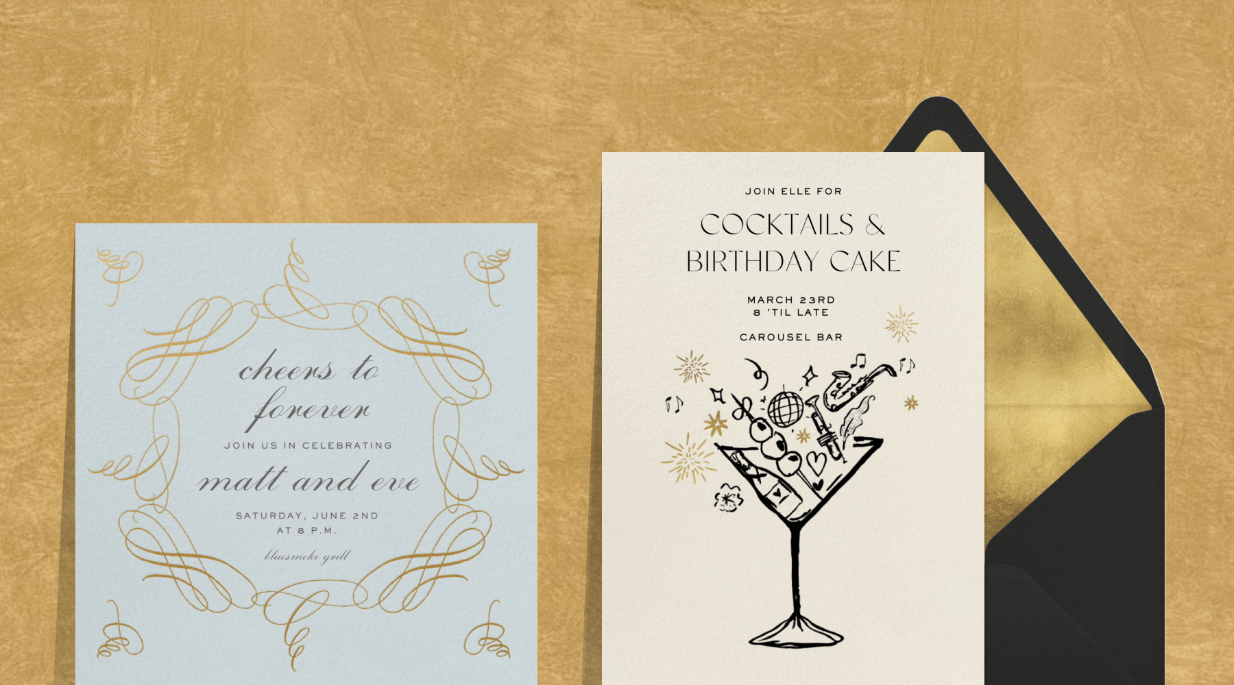 A light blue square invitation with a border of gold calligraphy flourishes; an invitation with a doodle of instruments, disco balls, garnishes, and fireworks in a martini glass.