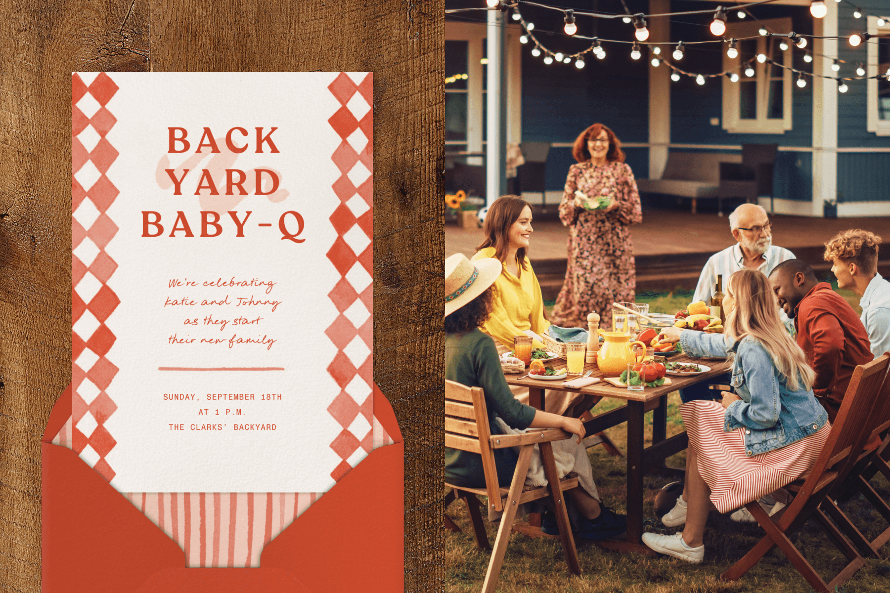 A backyard baby-Q invitation; A group of people eating around a table in a backyard. 