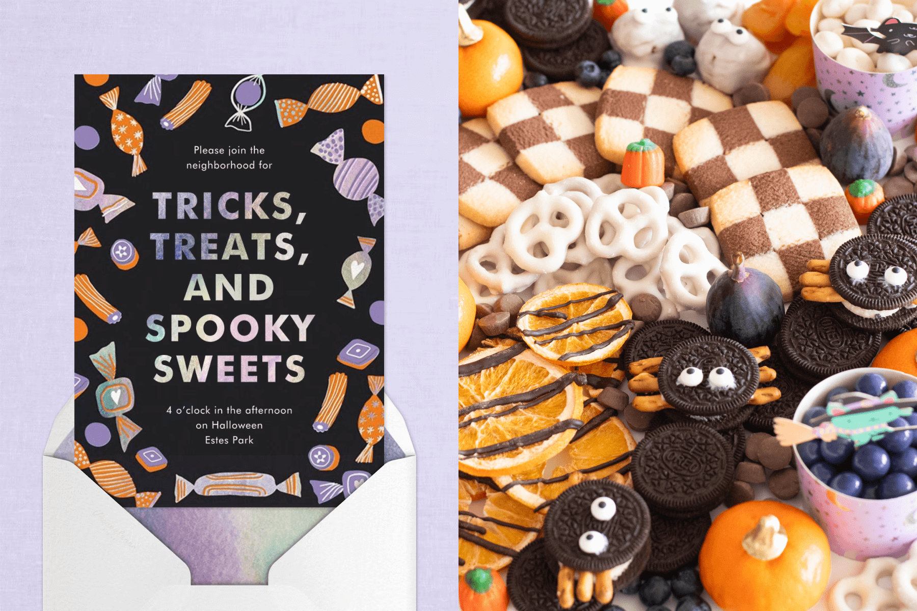 A Halloween invitation with candy; A snack plate with cookies, candy, and various treats. 