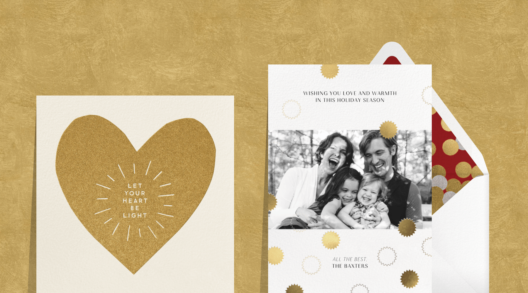 Gold heart on square card next to a photo card with a smiling family and gold and white confetti