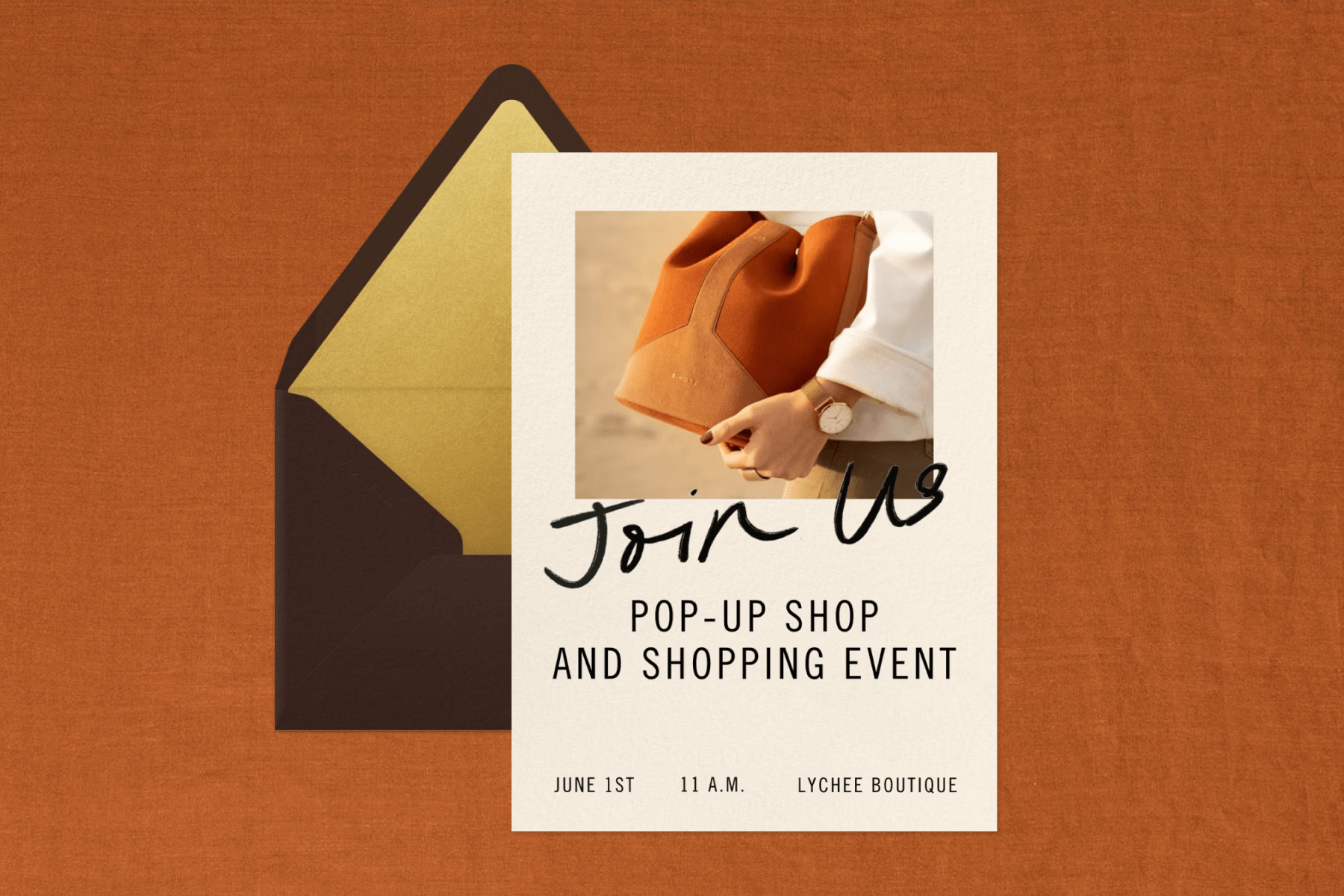 A pop-up shop event invitation with a photo of hands holding a bag. 