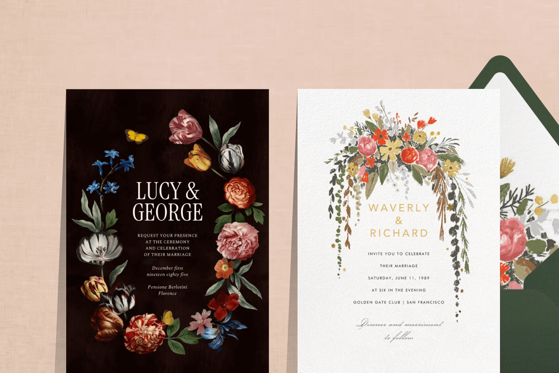 A black wedding invitation with a colorful wreath of flowers; A white wedding invitation with a colorful arch of florals hanging over the text. 