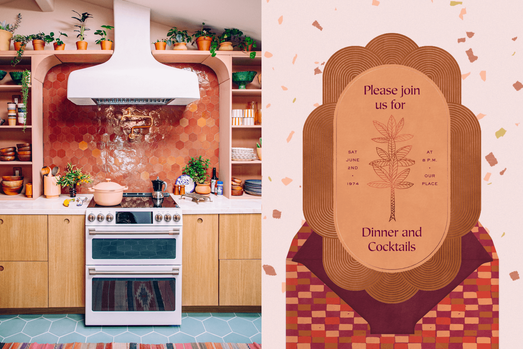 A kitchen with orange tiles and plants; An orange invitation featuring palm trees.