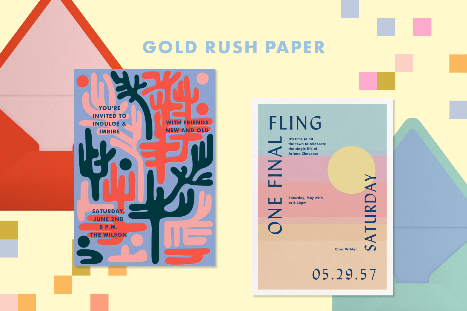 The logo for “Gold Rush Paper” above two invitations over a light yellow background with pastel-colored squares: A blue invitation with red, pink, and black designs; An invitation with pastel blue, pink, and orange gradient stripes, and a yellow sun.