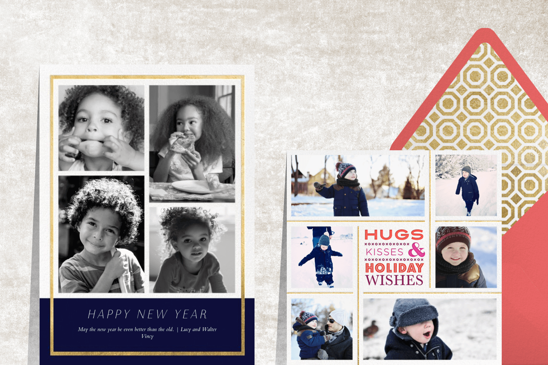 A New Year card featuring four black-and-white photos of children; A New Year card featuring six photos of a child playing in the snow. 