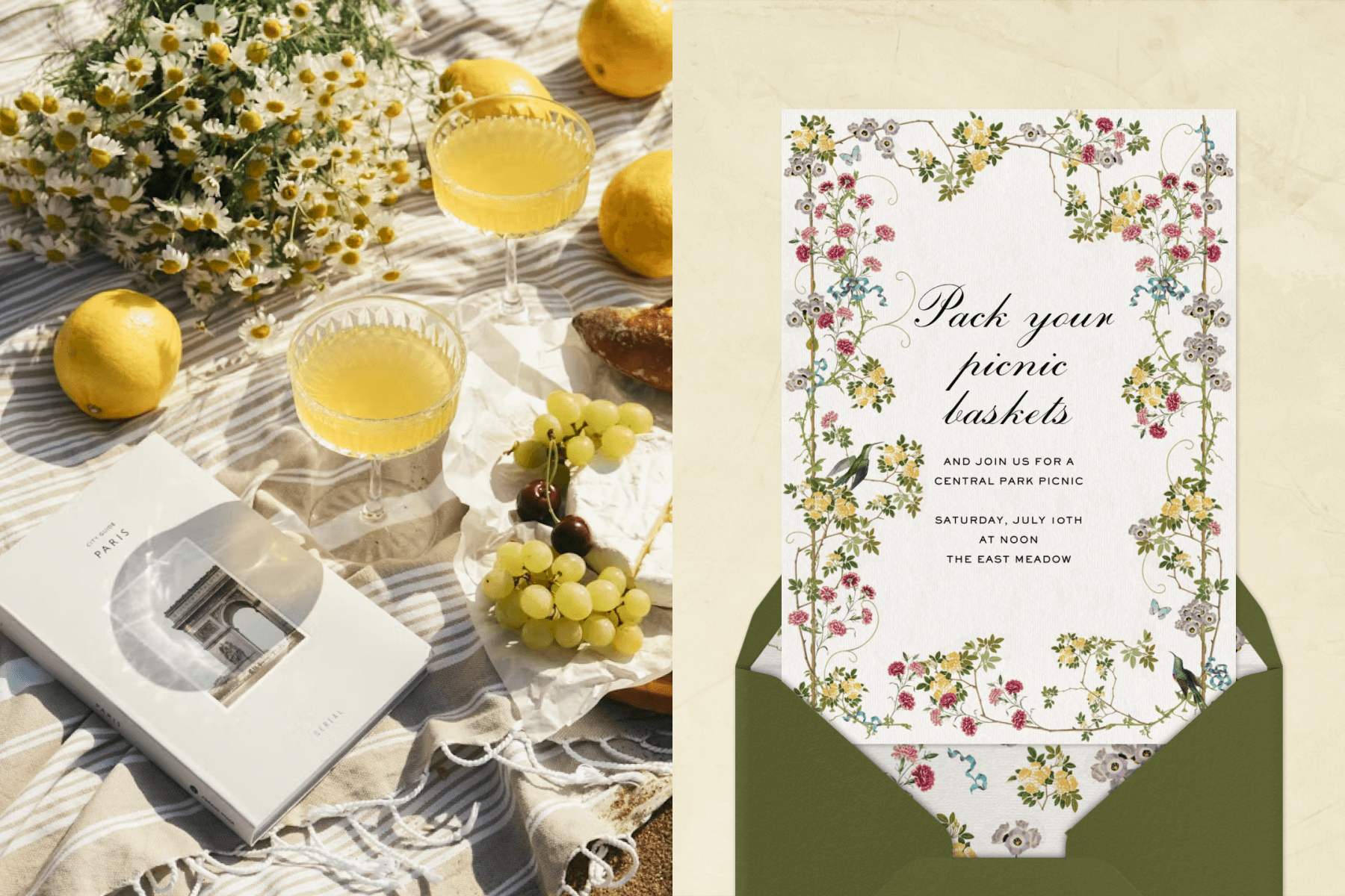 A blanket topped with lemons, cocktails, grapes, and flowers; A floral picnic invitation.