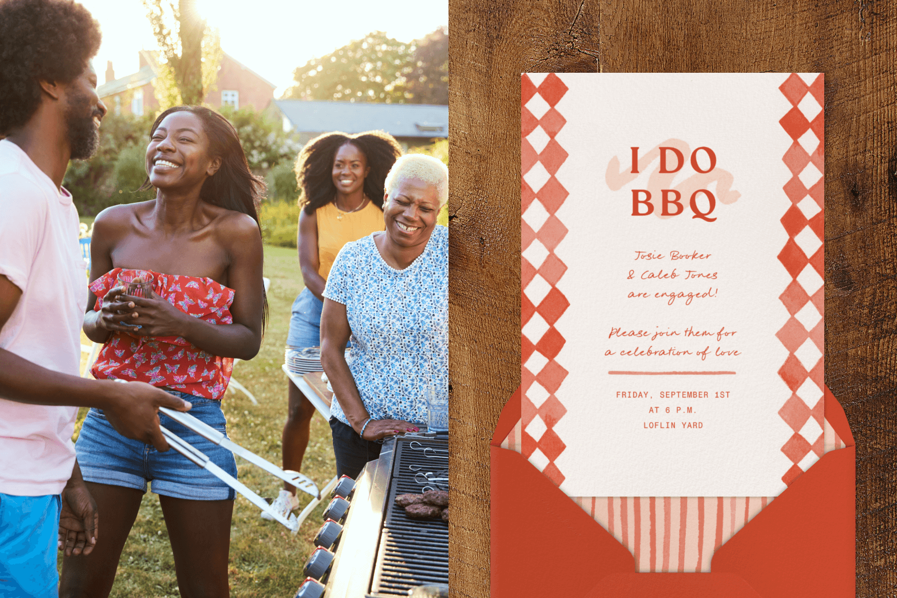 A group of people laughing while barbecuing food on an outdoor grill; An “I do BBQ” invitation.