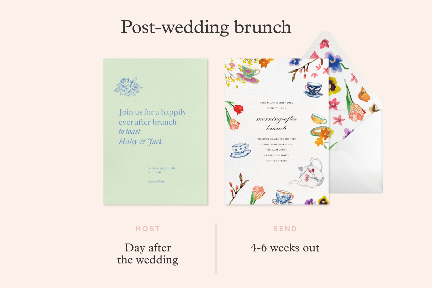 A graphic featuring a green post-wedding brunch invitation with blue text and a post-wedding brunch invitation with colorful illustrations of flowers and tea with a matching envelope, along with text stating that post-wedding brunches should happen the day after the wedding, and post-wedding brunch invitations should be sent 4-6 weeks out.