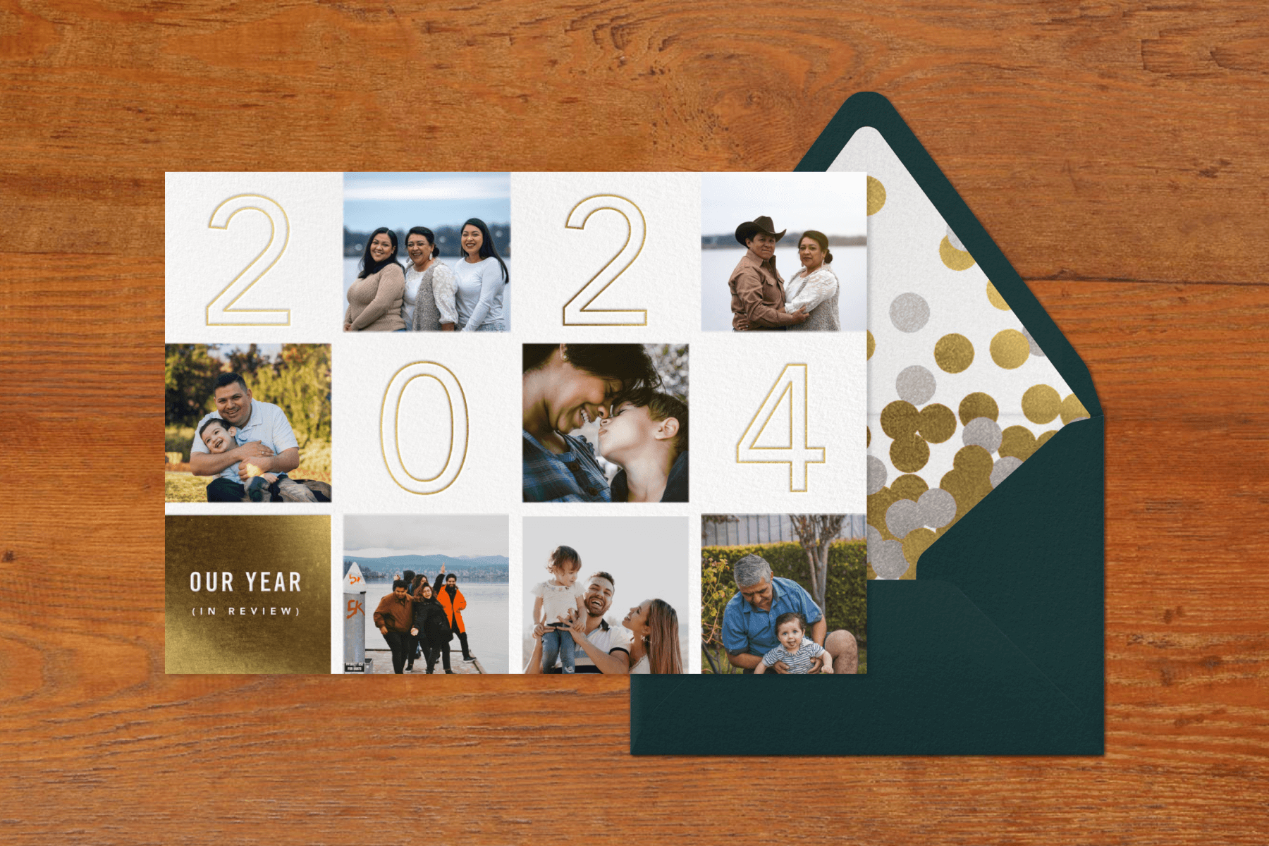 A holiday card featuring a year in review with six family photos. 