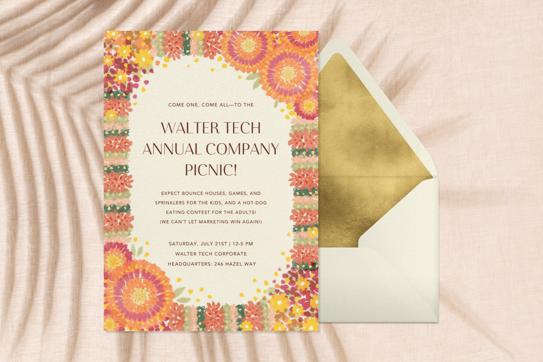 A colorful floral invitation for an annual company picnic